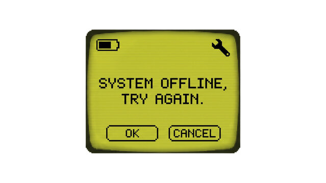 Retro pixel LCD screen error message "System offline, try again" with OK and Cancel buttons, battery and wrench icons, vintage 8-bit pop-up window on transparent background