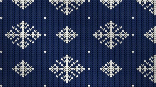 Knitted snowflake pattern in navy and white wool drifting downward, seamless loop