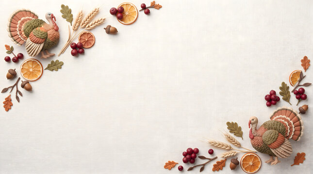 Thanksgiving turkey background with autumn harvest fruits on white wood, festive fall border with copy space, seasonal holiday food frame