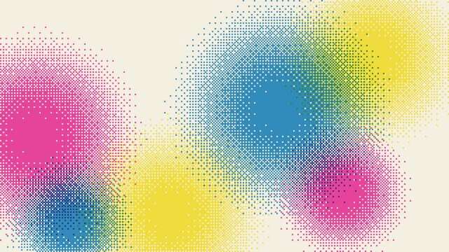 Risograph style dither print with pink, blue and yellow ink blobs drifting, seamless loop