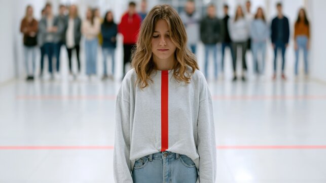 A young woman stands isolated in the foreground, looking down with a somber expression, while a group of people stands in the background, facing away from her. This image evokes a sense of loneliness.