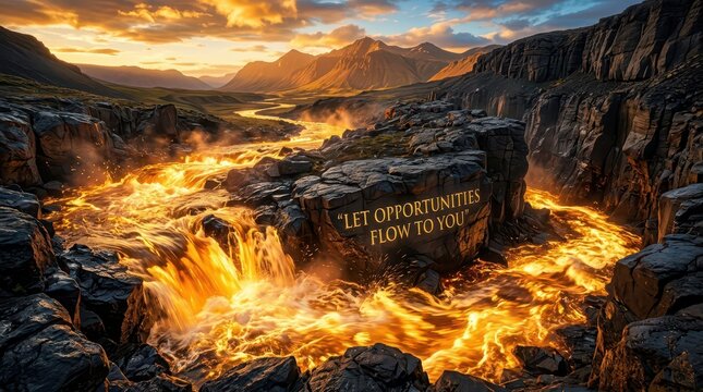 Fiery Lava Flowing Through Rugged Mountain Gorge at Sunset with Inspirational Quote