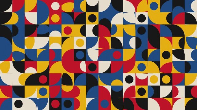 Bauhaus pattern of red, blue and yellow quarter circles turning in a wave, seamless loop