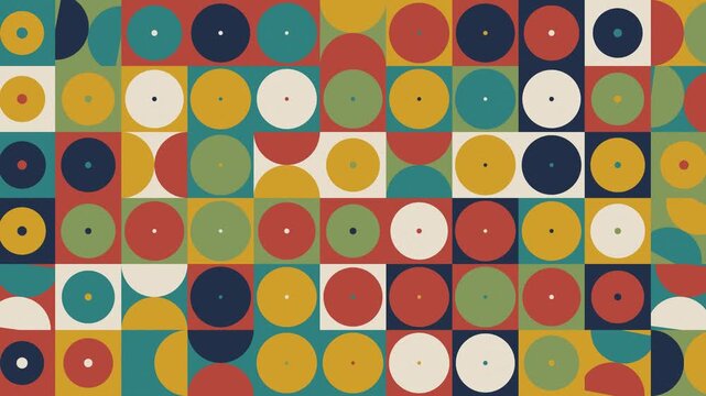 Bauhaus mid-century pattern with discs pulsing and half circles flipping, seamless loop