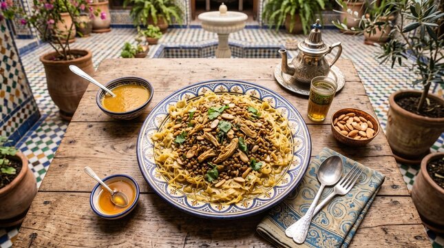 Moroccan rfissa with shredded msemen bread, chicken and lentils on a decorative plate in a traditional courtyard