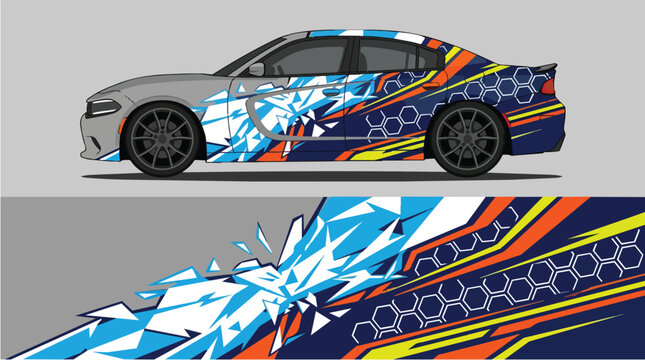 Car Wrap Design with Geometric Hexagonal and Shatter Decal in Blue Orange