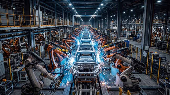 Automotive Assembly Line With Industrial Robots Manufacturing