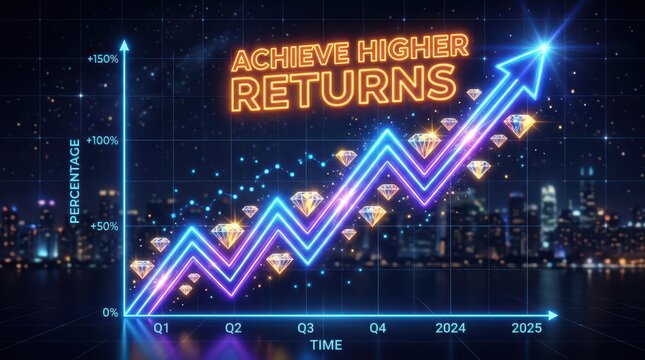 Financial Growth Chart Showing Increasing Returns with Diamonds and Cityscape Background