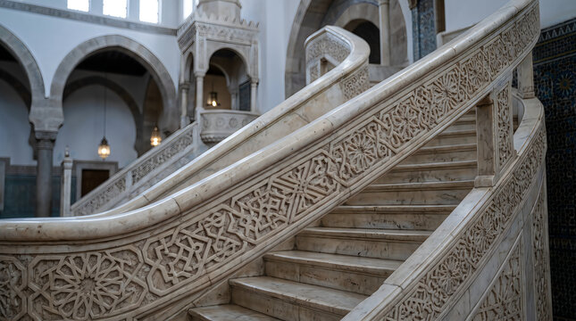 Ramadan marble minbar staircase in an Islamic mosque interior
