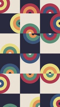 Vertical video Bauhaus pattern of nested arches flipping on a checkerboard, seamless loop