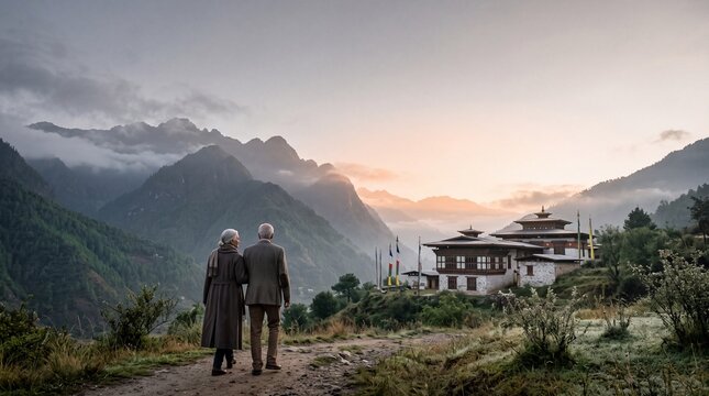 Couple Overlooking Himalayan Mountain Valley and Buddhist Monastery