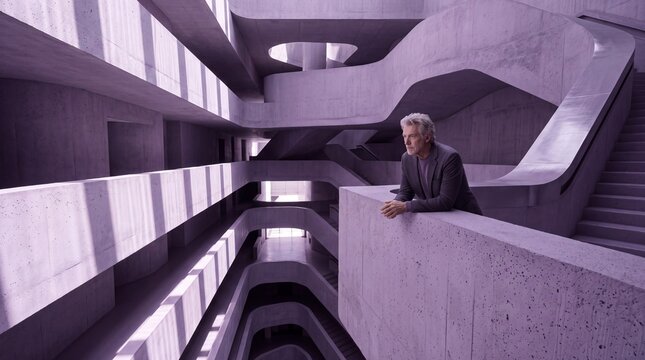 Executive Leader Standing in Modern Brutalist Architecture