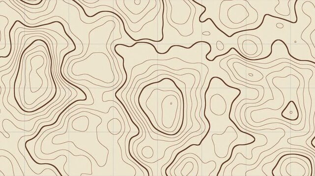 Topographic map with brown contour lines and grid on cream paper, slowly shifting, seamless loop