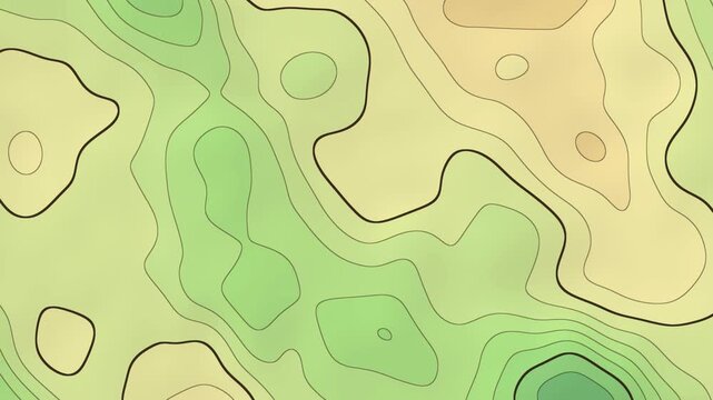 Topographic map with green to orange elevation tints and contour lines morphing, seamless loop
