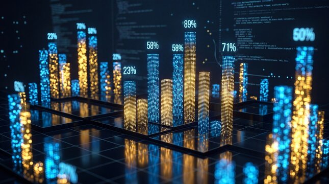 3D Data Analytics Dashboard with Glowing Bar Charts