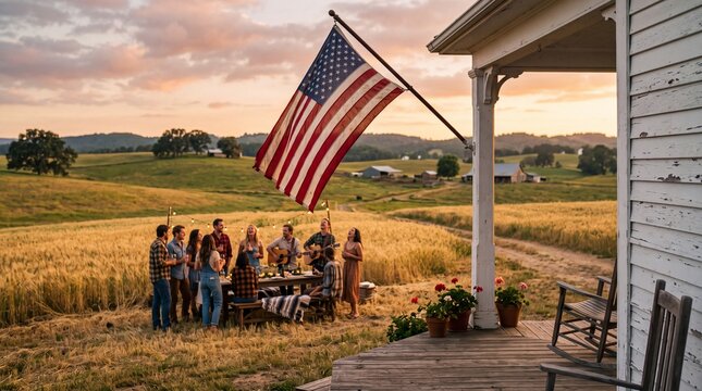 Family Gathering Under American Flag Rural Farm