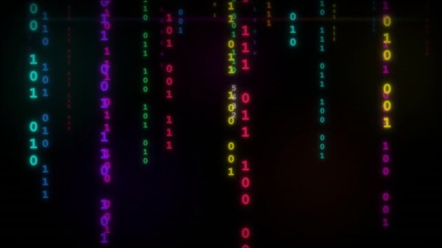 Matrix Code Rain Falling Animation in Rainbow on Black Background, Glowing Digital Characters, Cyberpunk Hacker Code, Computer Programming, Data Stream, Cybersecurity and Futuristic Technology