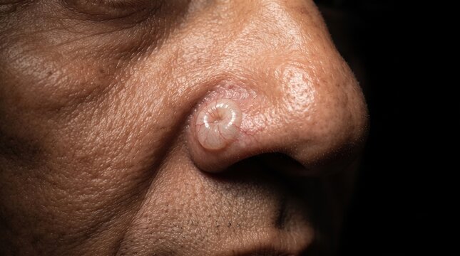 Extreme macro close up of a basal cell carcinoma skin cancer nodule on a person's nose