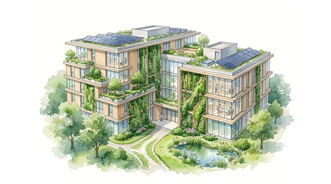 A contemporary multi story structure features vertical gardens  rooftop solar installations  glass facades