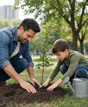 Father and son planting sapling together in backyard