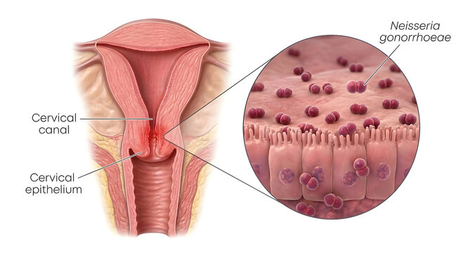 medical illustration showing neisseria gonorrhoeae bacteria infecting the human cervical canal and cervical epithelium with detailed microscopic close up view of sexually transmitted infection in 3d