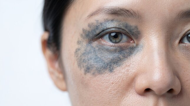 Close up of an Asian woman's eye area showing Nevus of Ota blue gray hyperpigmentation