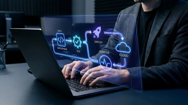 Professional software developer typing on a modern laptop showcasing glowing holographic pipeline interface displaying build test deploy monitor and cloud workflows in a dark office