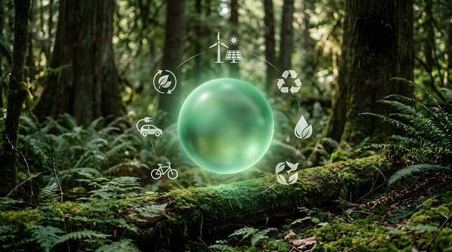 In a lush forest  a translucent green orb hovers above moss covered logs  surrounded by white symbols for wind power  solar panels  recycling  electric vehicles  bicycles  water conservation