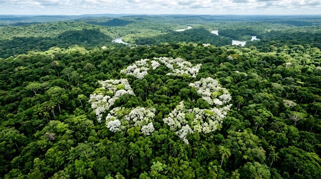 An expansive aerial perspective captures dense tropical forest  meandering waterways  and prominent patches of white blossoming flora against a cloudy horizon