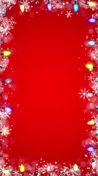 Christmas Snowfall and Colorful String Lights border frame on Red animation, New Year and Holiday Celebration Videos Vertical Social Media Motion Background