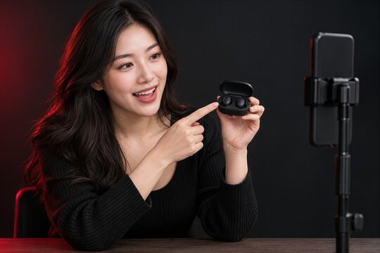 Asian Woman Demonstrating Wireless Earbuds to a Smartphone Camera for Live Commerce