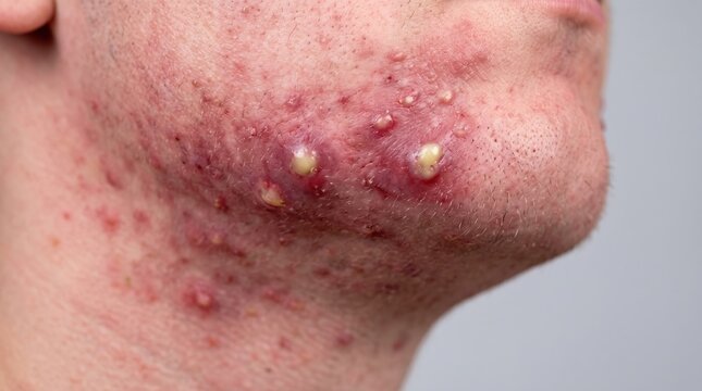 Extreme close-up of severe cystic acne with purulent nodulocystic lesions on man's jaw and cheek