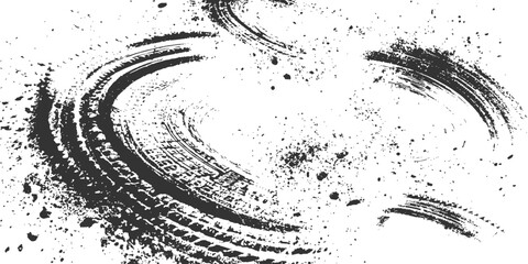Grunge tire tracks and circular drift marks with mud splatters vector illustration for extreme sports background. © Design House