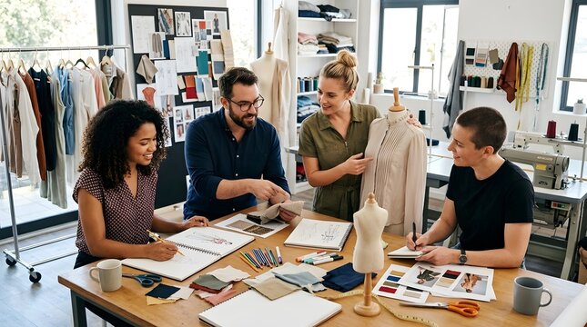 A group of four individuals work together at a wooden table filled with fabric swatches  sketchbooks  and sewing tools within a well lit creative workspace