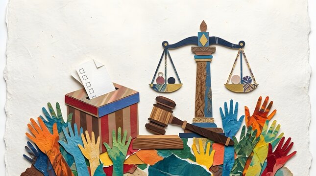 Artwork composed of vibrant cut paper hands surrounding symbols of democracy including a voting box  balanced scales  and judicial gavel against rough textured paper surface