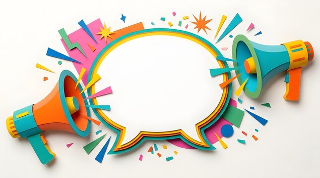 A stylized illust n of two cartoon megaphones positioned on either side of an empty speech bubble  surrounded by bright geometric shapes and starburst elements resembling cut out paper art