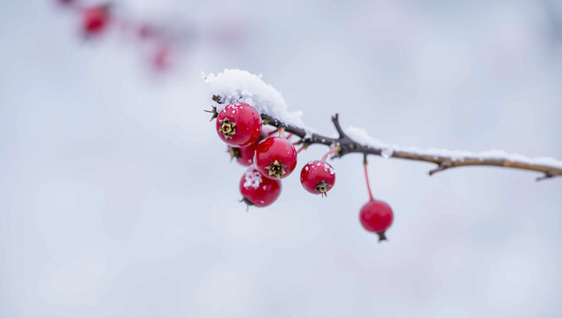 Frosted red winter berries on a snowy branch