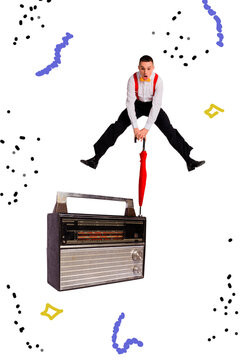 Art image vertical photo collage of astonished dandy man jump parasol retro radio music boombox player celebration valentine day