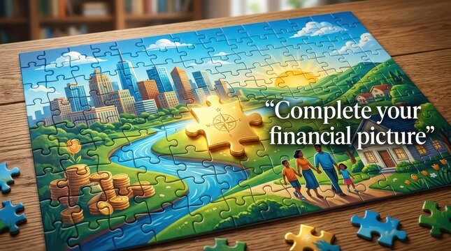 Financial Planning Puzzle: Family, Cityscape, Nature, and Golden Piece