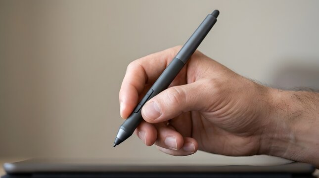 Close up of an adult s right hand gripping a modern black stylus pen over a dark tablet screen  suggesting creative or professional use