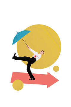 Art image vertical photo collage of shocked man hold umbrella weather rain cyclone arrow decline problem recession bankrupt