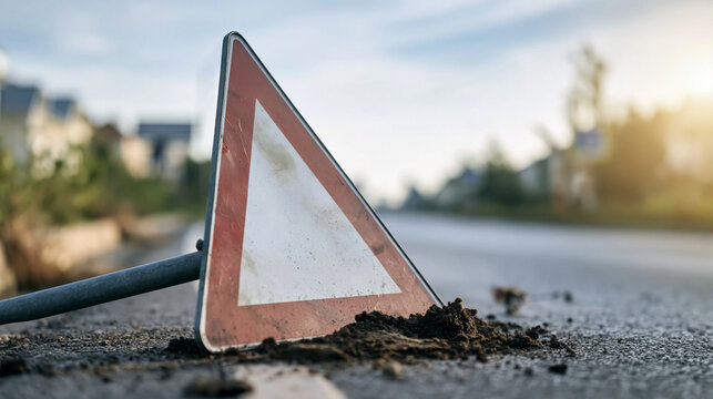 Damaged yield traffic sign lying on ground, representing concepts of road safety failure and neglected infrastructure