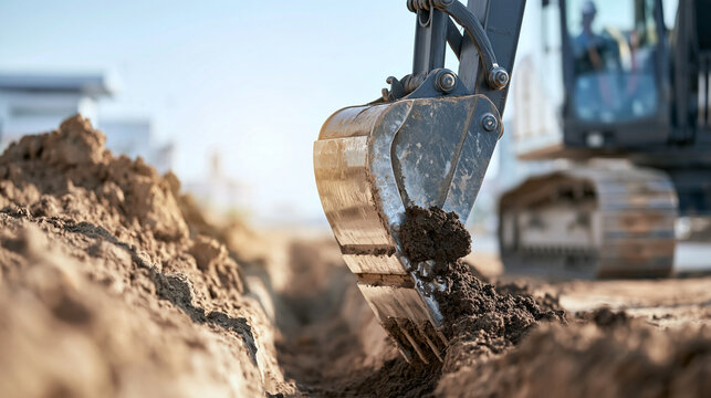 Excavator bucket digging trench, moving earth at construction site, creating new infrastructure groundwork