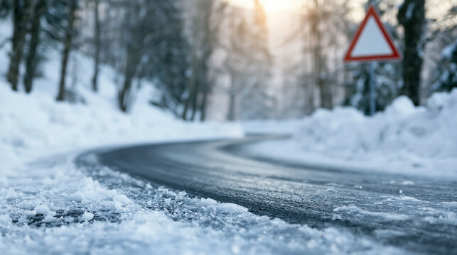 Icy road winding through a snowy forest with a warning sign, representing winter driving hazards and caution