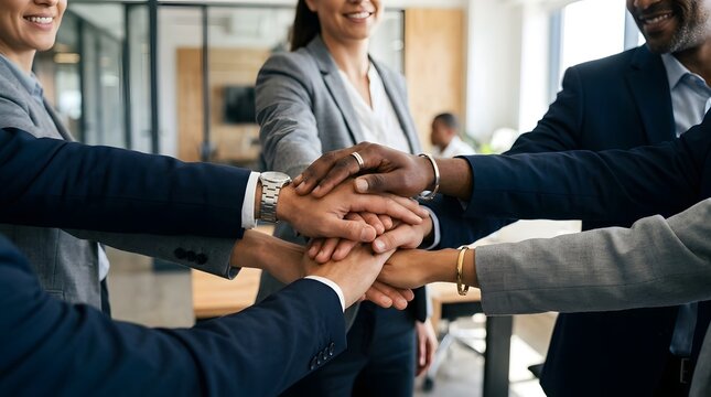 Diverse individuals in professional attire stack their hands together  smiling  inside a modern office environment indicating collabo n and team spirit