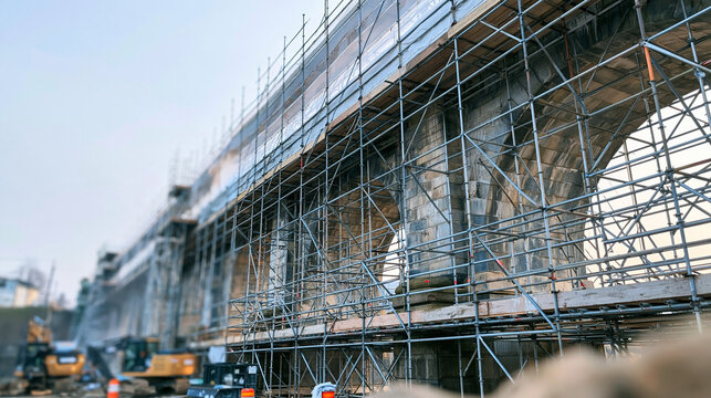 Historic stone bridge under major renovation, extensive scaffolding covering structure, preserving old infrastructure
