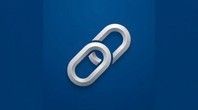 Two interlocking silver chain links rendered in a minimalist style  set against a deep blue backdrop with soft lighting effects