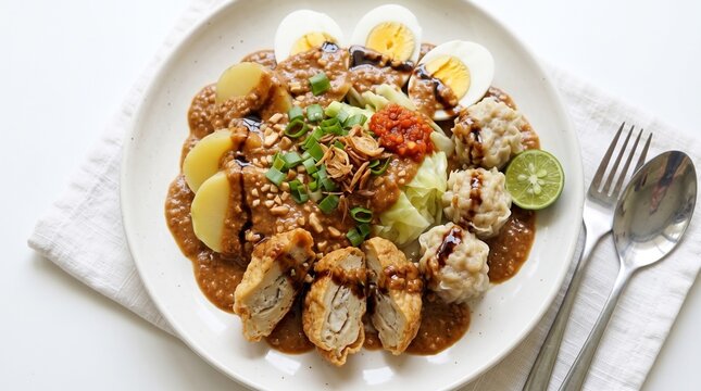 Close-up of Indonesian traditional street food batagor and siomay with savory peanut sauce, boiled eggs, potatoes, tofu, and steamed dumplings on a white ceramic plate.