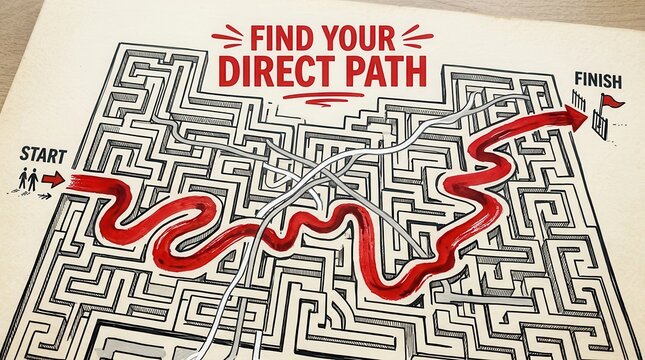 Find Your Direct Path: Maze with Red and White Lines Showing Start to Finish