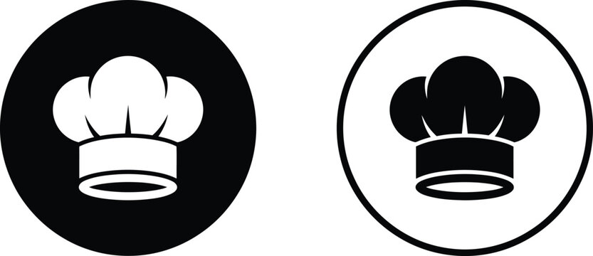 Chef hat icon set in black and white circle design for restaurant and cooking theme